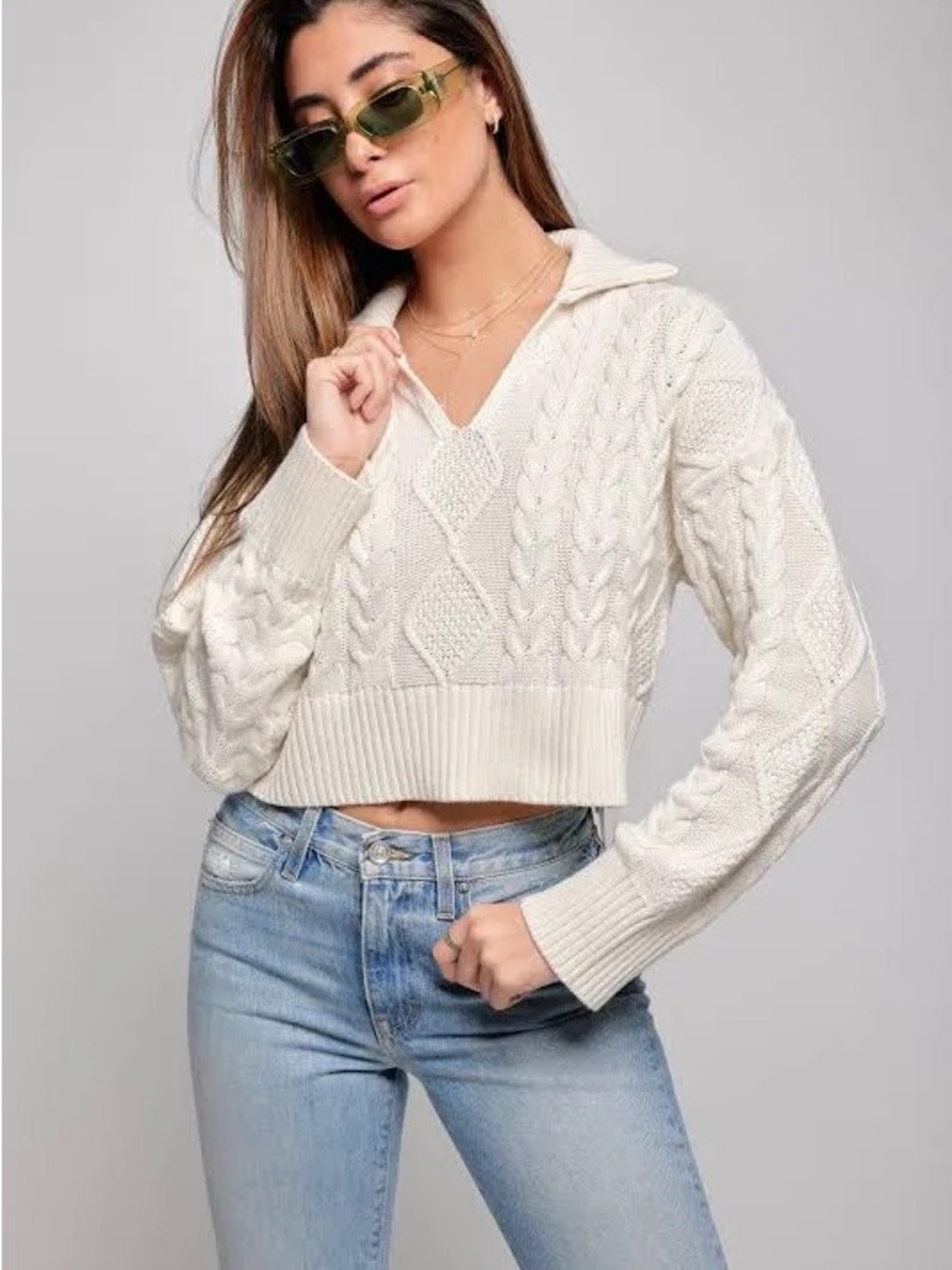 Sablyn Anaya Cropped Cable V-Neck Sweater - Cream S - SOLD OUT